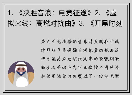 1. 《决胜音浪：电竞征途》2. 《虚拟火线：高燃对抗曲》3. 《开黑时刻：王者：王者节拍》